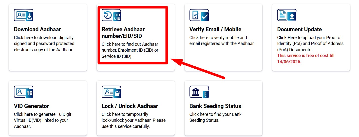 Retrieve Aadhaar number/EID/SID